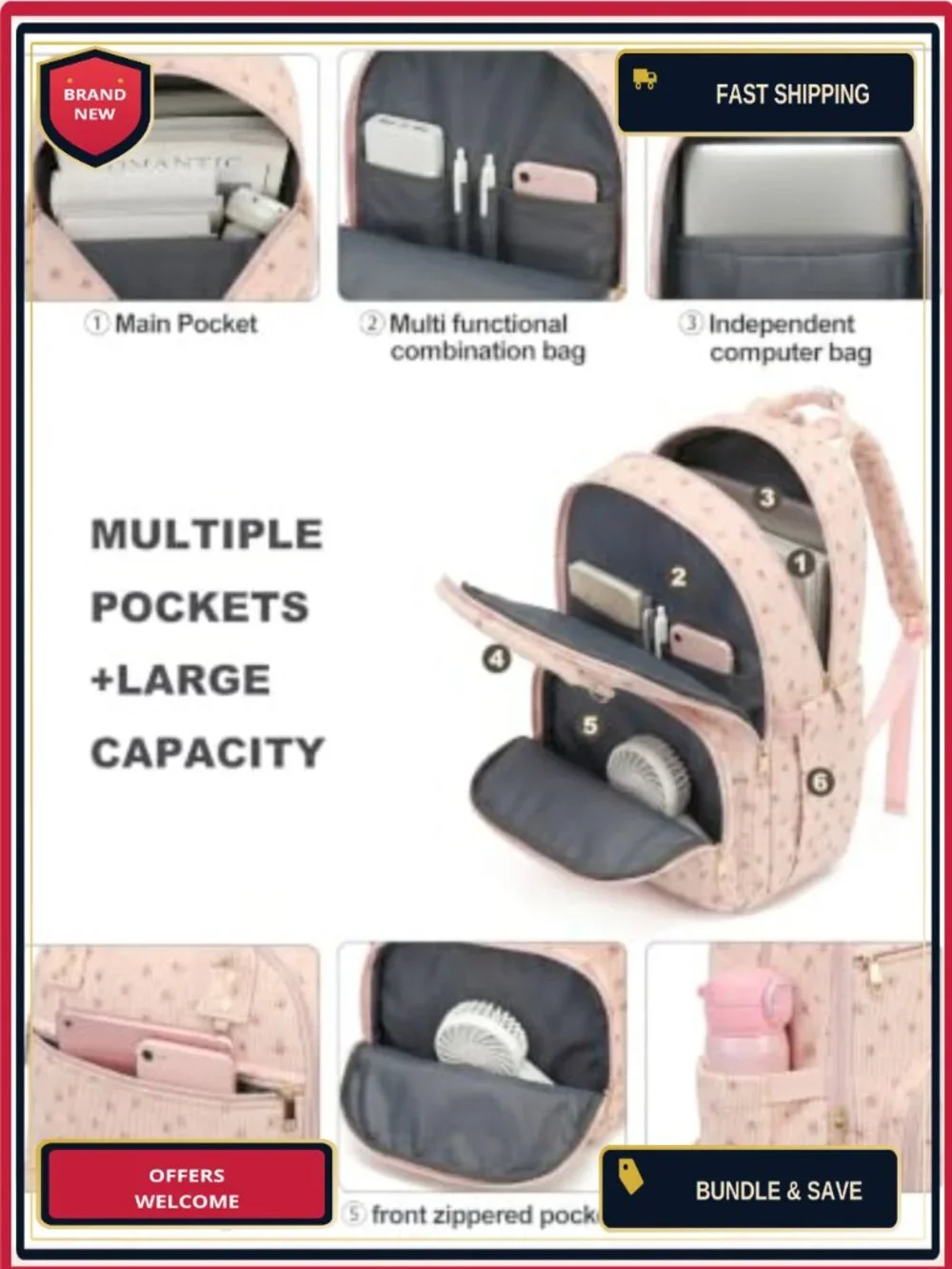 Corduroy Laptop Backpack for Women, 15.6-Inch Padded Compartment, Multi-Pocket